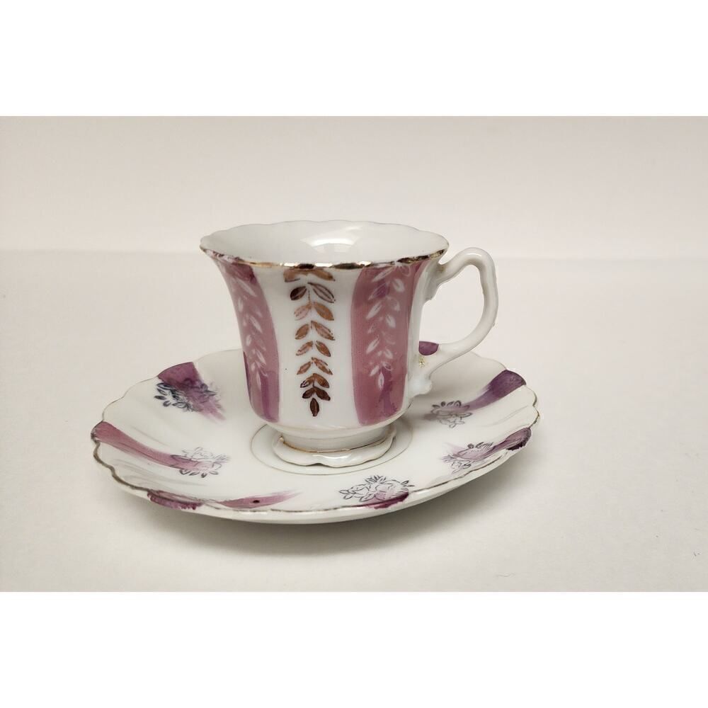 Vintage Early 19th Century White, Purple Gold Trim Teacups and Saucers